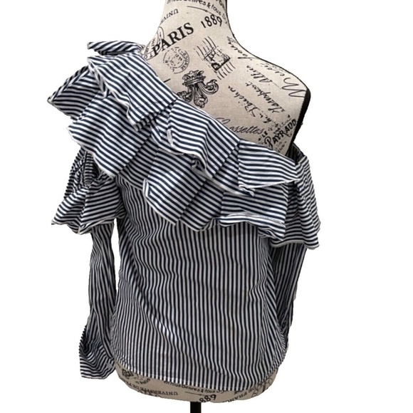 Leith One‎ Shoulder Womens Lng Slve Striped Blouse with Ruffles Navy/White XS - Picture 2 of 6